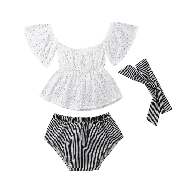 0-24M Baby Girls Summer Clothes Set Newborn Infant Lace Off Shoulder Short Sleeve Top  + Stripe Shorts + Headband 3Pcs Outfits