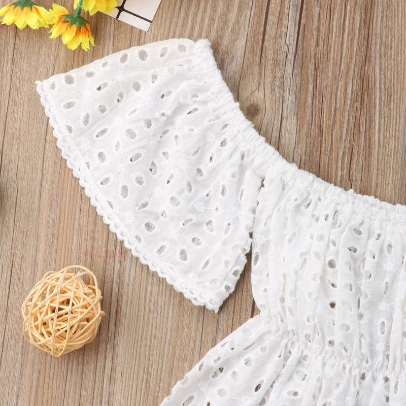 0-24M Baby Girls Summer Clothes Set Newborn Infant Lace Off Shoulder Short Sleeve Top  + Stripe Shorts + Headband 3Pcs Outfits