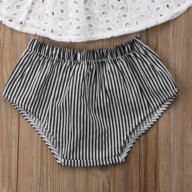 0-24M Baby Girls Summer Clothes Set Newborn Infant Lace Off Shoulder Short Sleeve Top  + Stripe Shorts + Headband 3Pcs Outfits