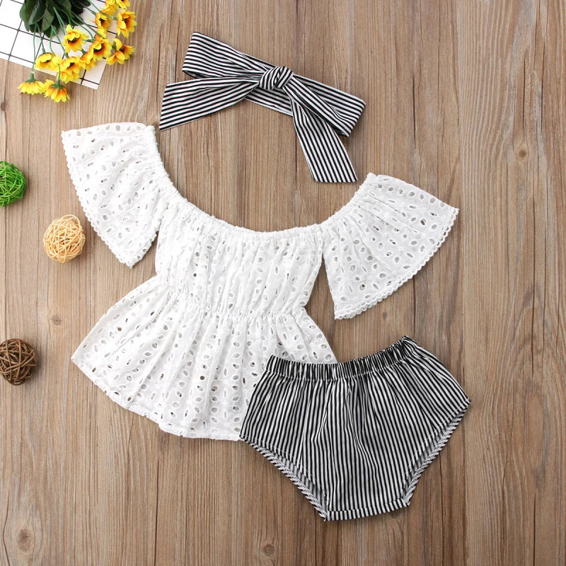 0-24M Baby Girls Summer Clothes Set Newborn Infant Lace Off Shoulder Short Sleeve Top  + Stripe Shorts + Headband 3Pcs Outfits