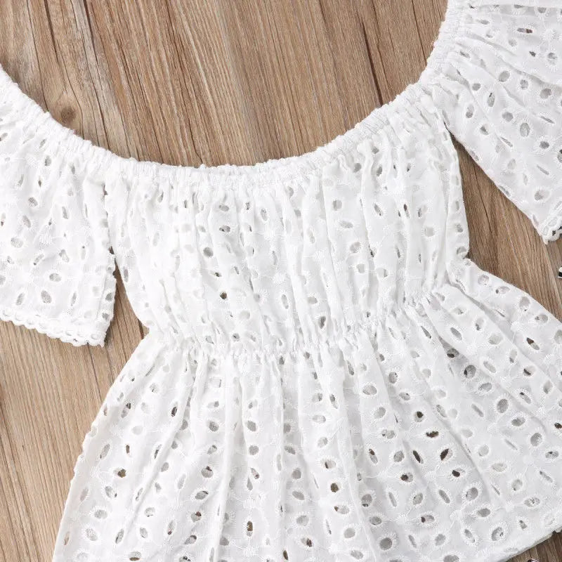 0-24months Baby Girls 3pcs Summer Set Hollow Out Off Shoulder Short Sleeve Tops Shorts + Bow-Knot Headband Infant Girls Suits