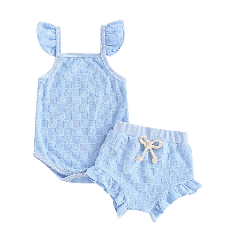 0-18Months Baby Girl 2 Piece Summer Set, Fly Sleeve Square Neck Romper Elastic Waist Shorts Toddler Girls Outfits