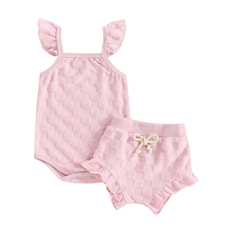 0-18Months Baby Girl 2 Piece Summer Set, Fly Sleeve Square Neck Romper Elastic Waist Shorts Toddler Girls Outfits