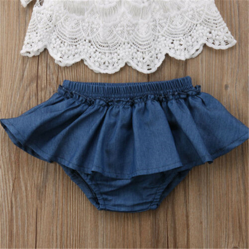 0-36months Baby Girls Outfit Ruffled Off-Shoulder Hollow Out Lace Tops + Denim Tutu Skirt Shorts Girls Summer Clothes Sets