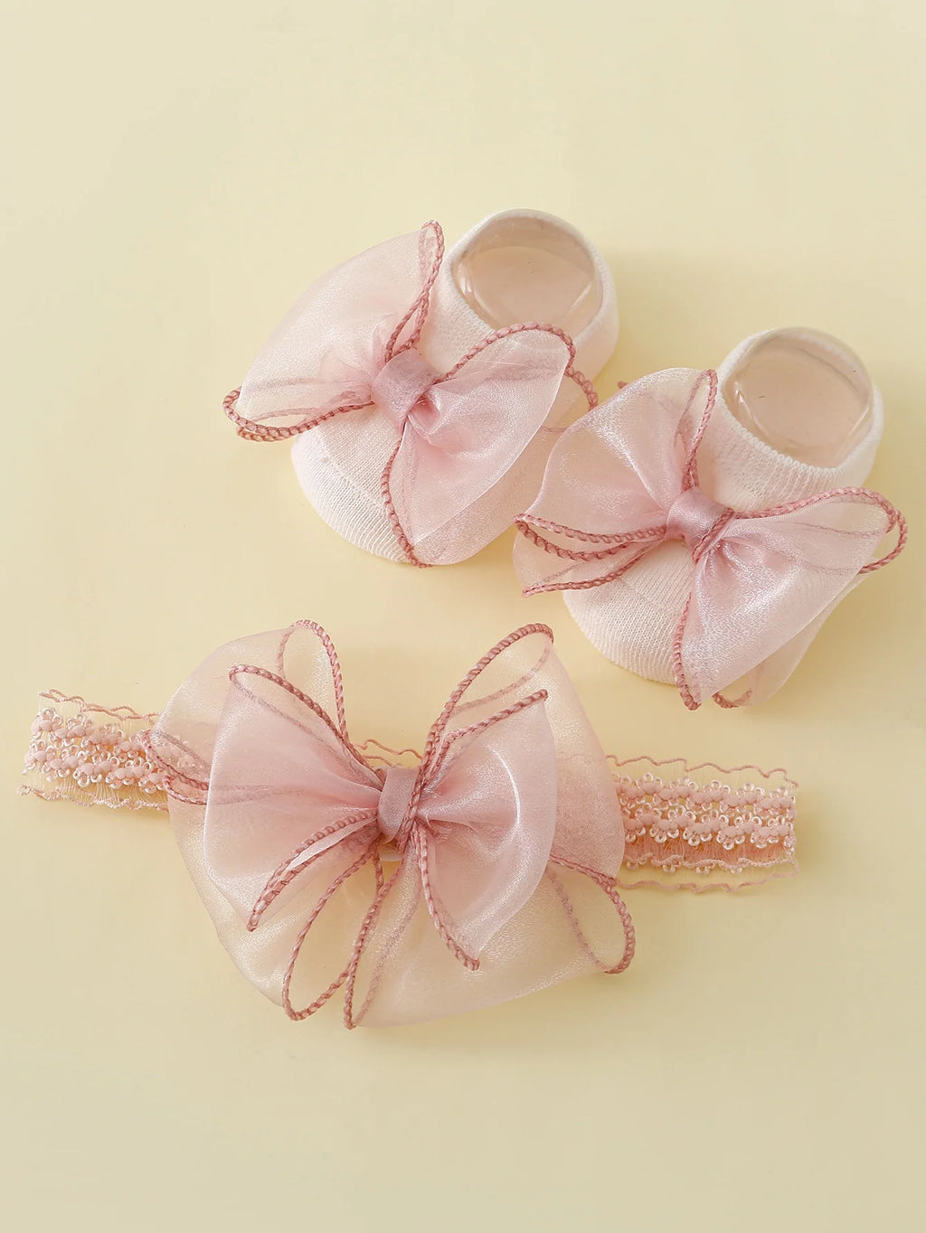 2 Pieces/Set Toddler Lace Bows Elastic Headband and Anti-Slip Cotton Socks, Newborn Baby Girls Socks Hairband Set Infant Headwear
