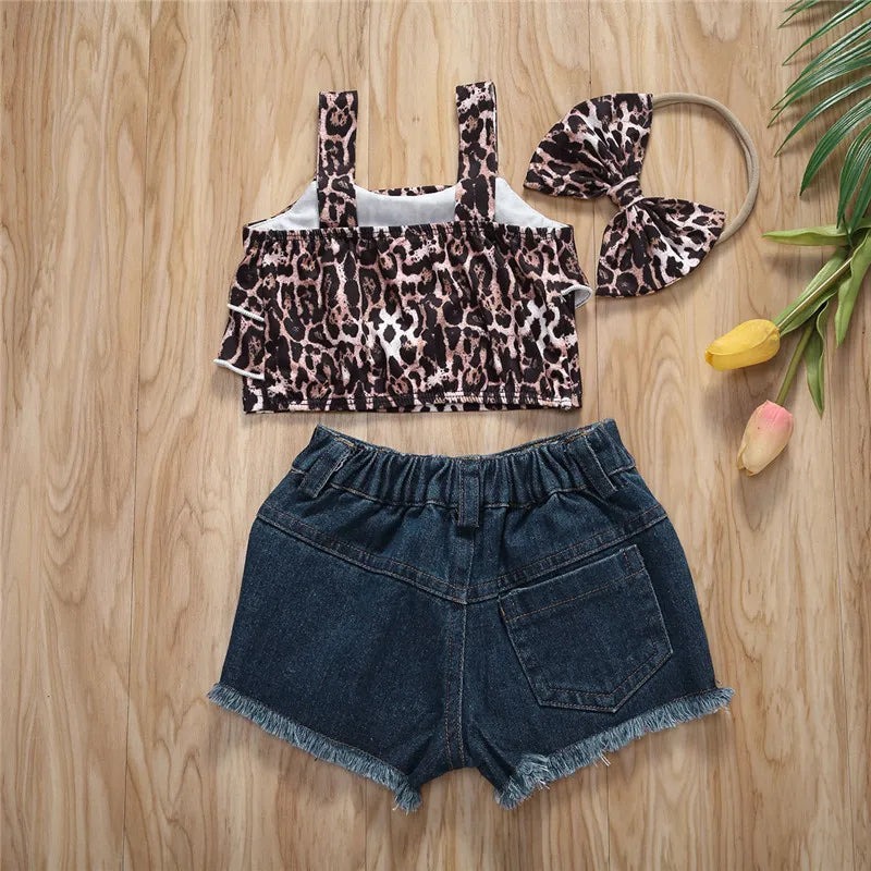 0-36months Baby Girls Leopard Outfit Sleeveless Leopard Crop Top Patchwork Denim Shorts Bowknot Headband Outfit For Infant Girls