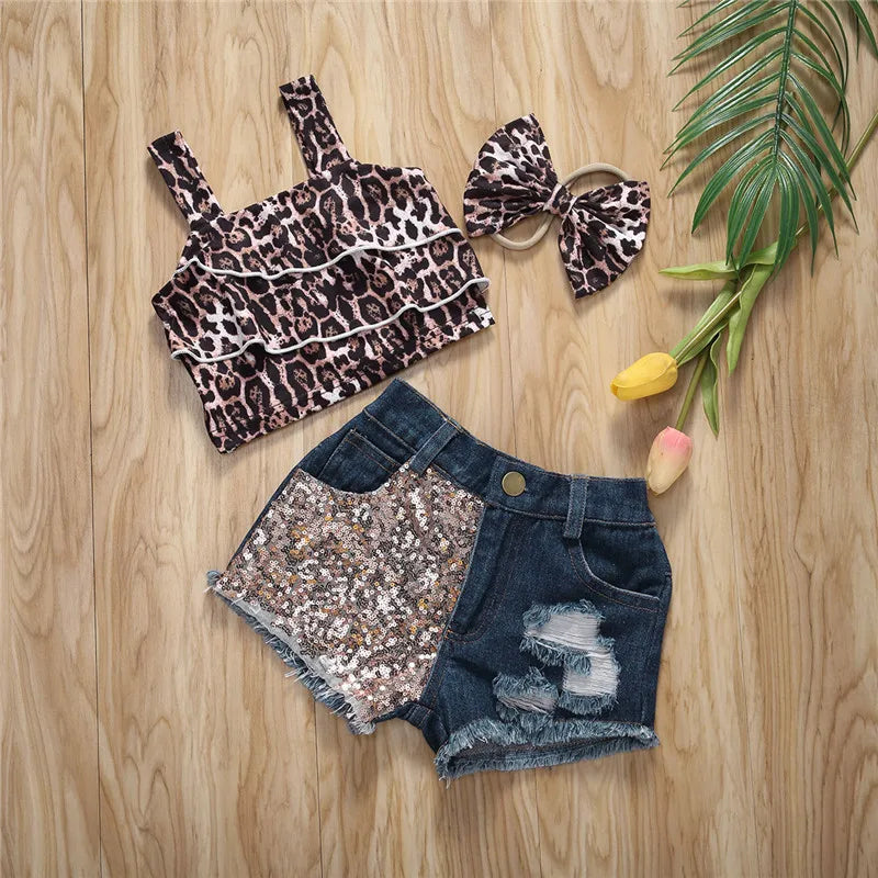 0-36months Baby Girls Leopard Outfit Sleeveless Leopard Crop Top Patchwork Denim Shorts Bowknot Headband Outfit For Infant Girls