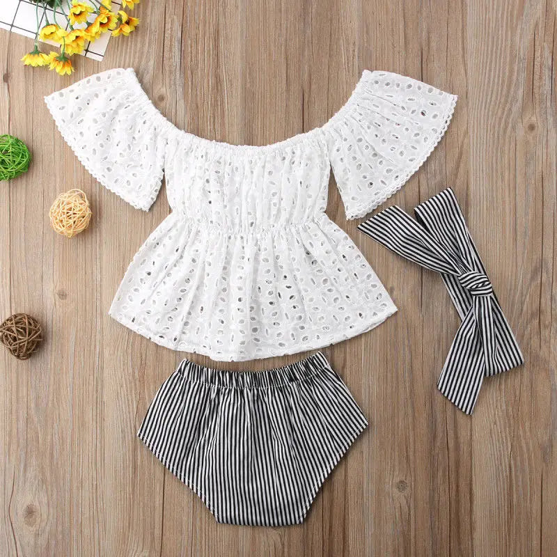 0-24months Baby Girls 3pcs Summer Set Hollow Out Off Shoulder Short Sleeve Tops Shorts + Bow-Knot Headband Infant Girls Suits