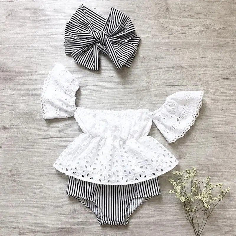 0-24months Baby Girls 3pcs Summer Set Hollow Out Off Shoulder Short Sleeve Tops Shorts + Bow-Knot Headband Infant Girls Suits