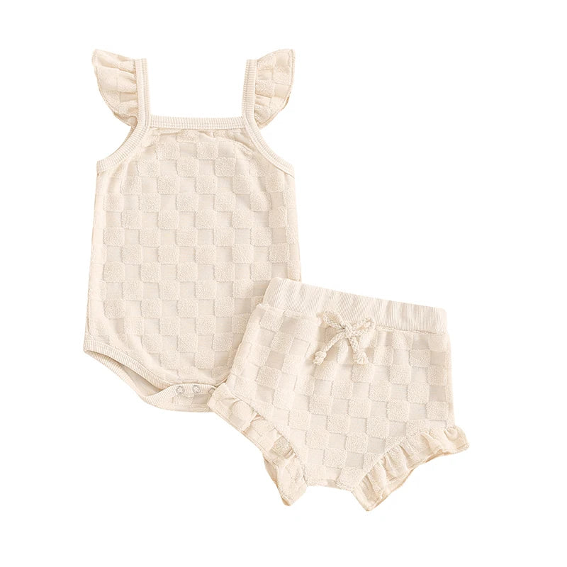 0-18Months Baby Girl 2 Piece Summer Set, Fly Sleeve Square Neck Romper Elastic Waist Shorts Toddler Girls Outfits