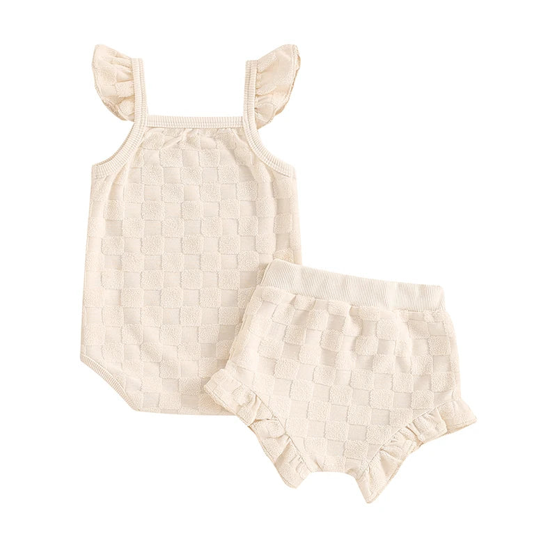 0-18Months Baby Girl 2 Piece Summer Set, Fly Sleeve Square Neck Romper Elastic Waist Shorts Toddler Girls Outfits