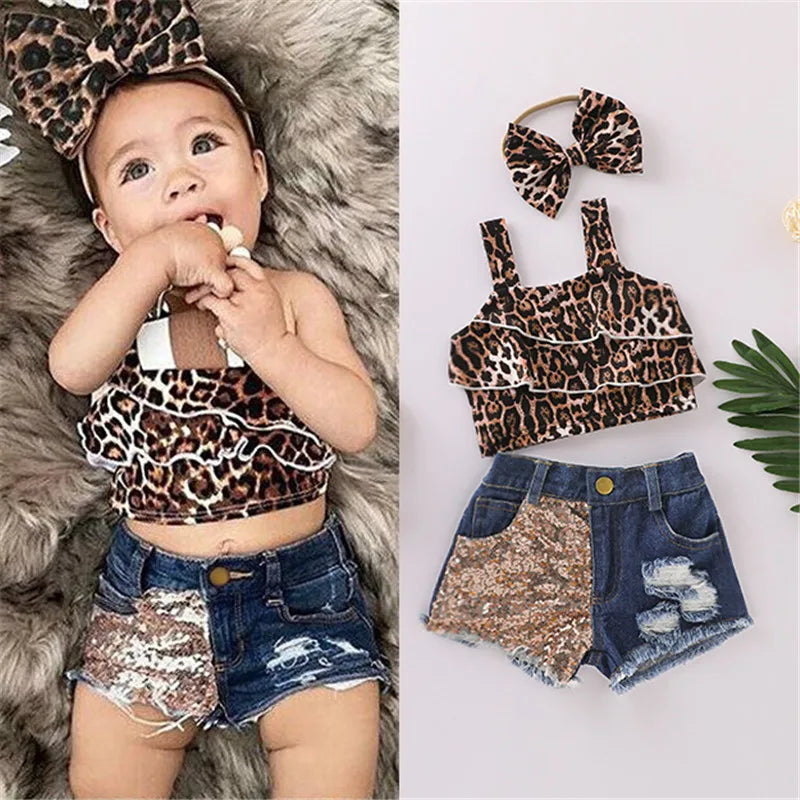 0-36months Baby Girls Leopard Outfit Sleeveless Leopard Crop Top Patchwork Denim Shorts Bowknot Headband Outfit For Infant Girls