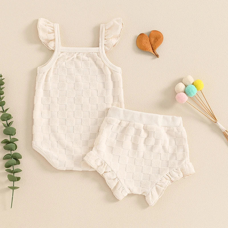 0-18Months Baby Girl 2 Piece Summer Set, Fly Sleeve Square Neck Romper Elastic Waist Shorts Toddler Girls Outfits
