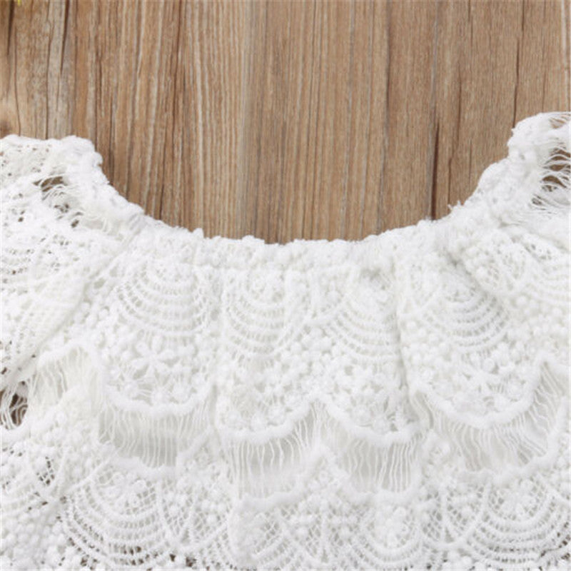 0-36months Baby Girls Outfit Ruffled Off-Shoulder Hollow Out Lace Tops + Denim Tutu Skirt Shorts Girls Summer Clothes Sets