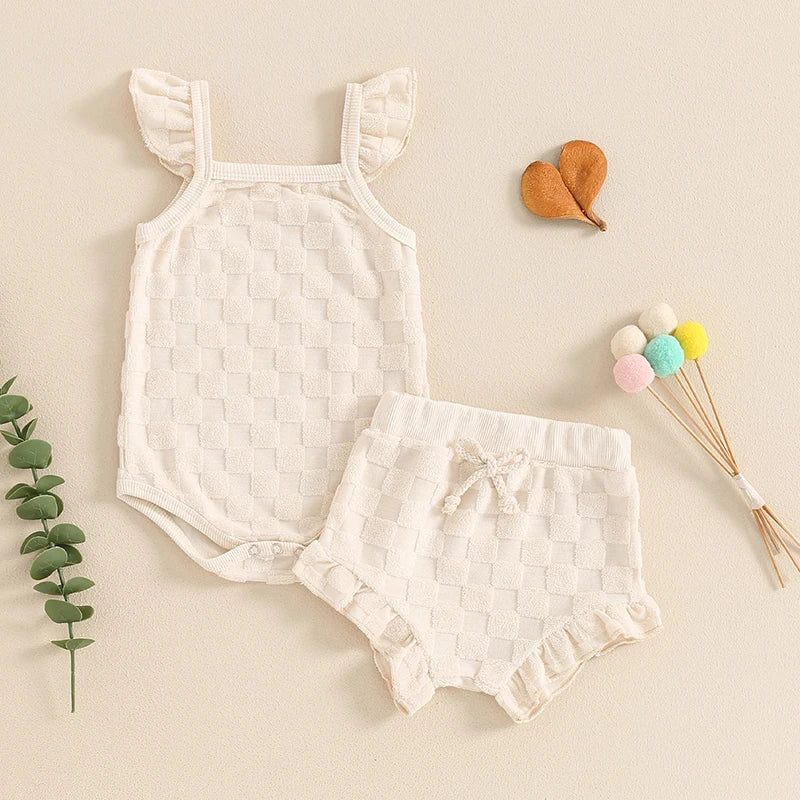0-18Months Baby Girl 2 Piece Summer Set, Fly Sleeve Square Neck Romper Elastic Waist Shorts Toddler Girls Outfits