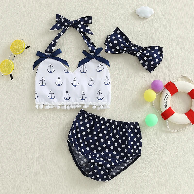 0-24m Baby Girls 3pcs Set Sleeveless Sling Polka Print Girls Tops Blue Polka Dot Shorts Outfits Headband Baby Girls Clothes Set