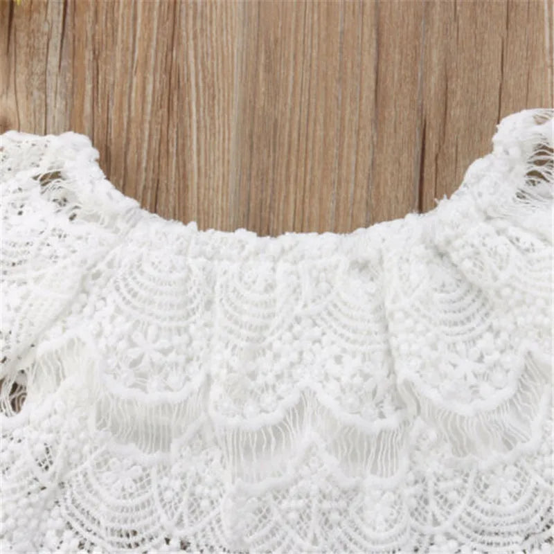 0-36months Baby Girls Outfit Ruffled Off-Shoulder Hollow Out Lace Tops + Denim Tutu Skirt Shorts Girls Summer Clothes Sets