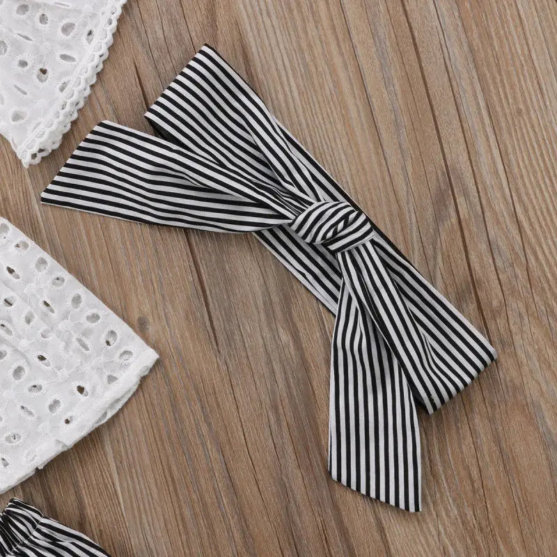 0-24months Baby Girls 3pcs Summer Set Hollow Out Off Shoulder Short Sleeve Tops Shorts + Bow-Knot Headband Infant Girls Suits