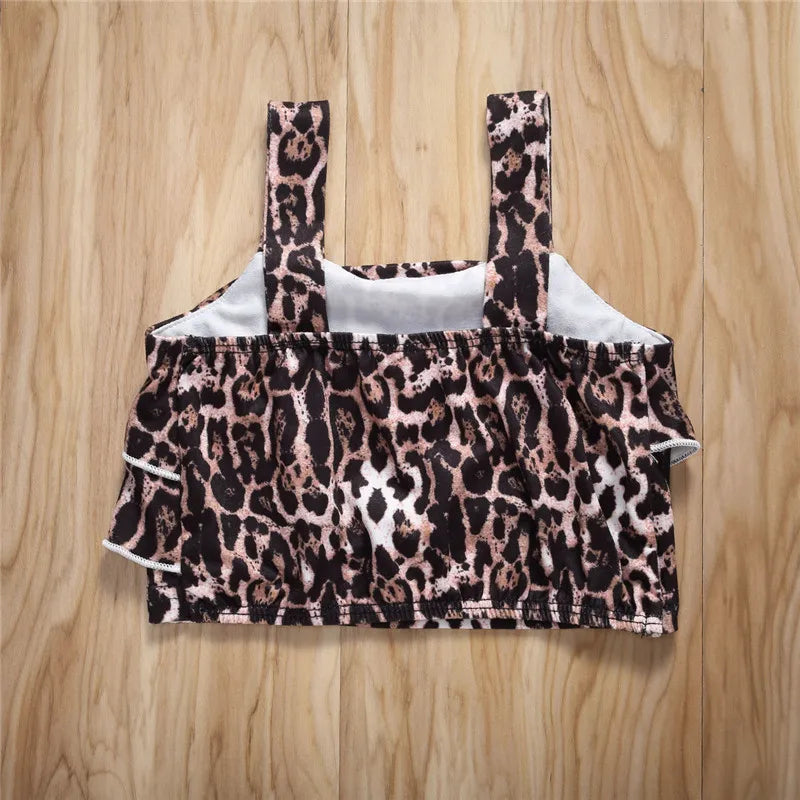 0-36months Baby Girls Leopard Outfit Sleeveless Leopard Crop Top Patchwork Denim Shorts Bowknot Headband Outfit For Infant Girls