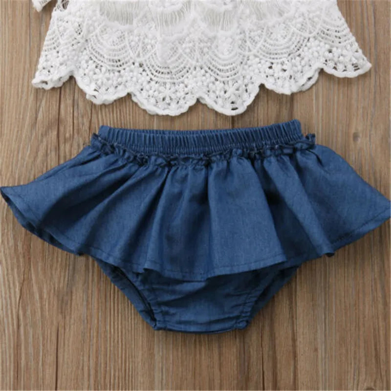0-36months Baby Girls Outfit Ruffled Off-Shoulder Hollow Out Lace Tops + Denim Tutu Skirt Shorts Girls Summer Clothes Sets