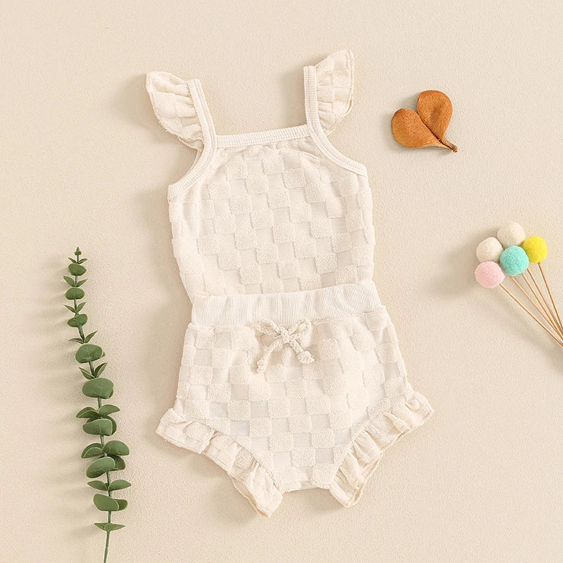 0-18Months Baby Girl 2 Piece Summer Set, Fly Sleeve Square Neck Romper Elastic Waist Shorts Toddler Girls Outfits