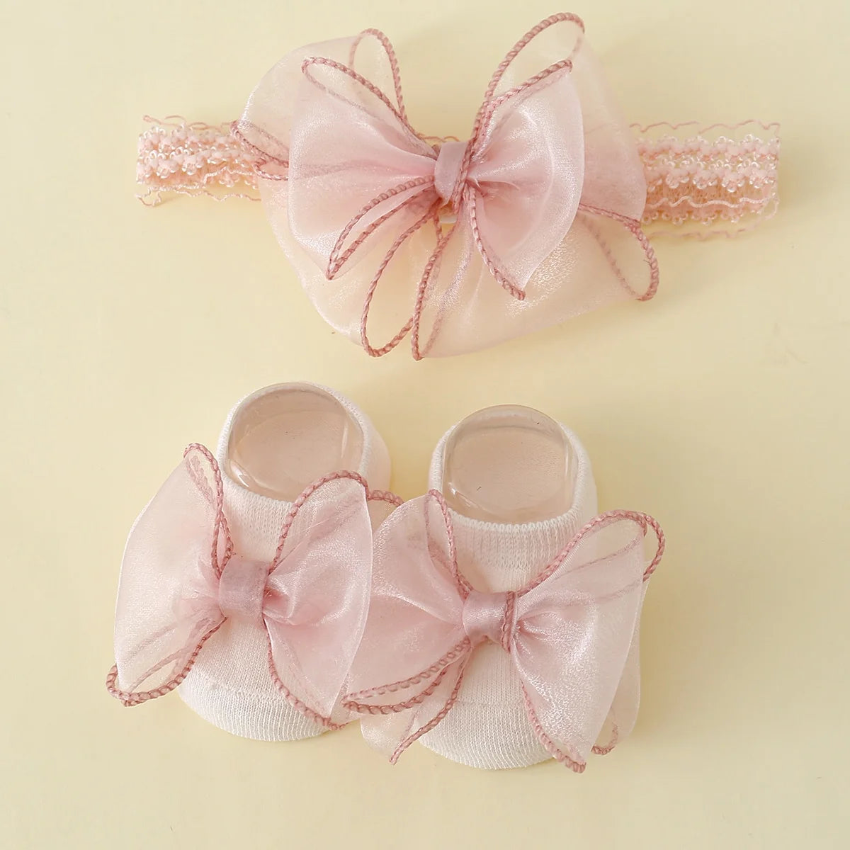 2 Pieces/Set Toddler Lace Bows Elastic Headband and Anti-Slip Cotton Socks, Newborn Baby Girls Socks Hairband Set Infant Headwear