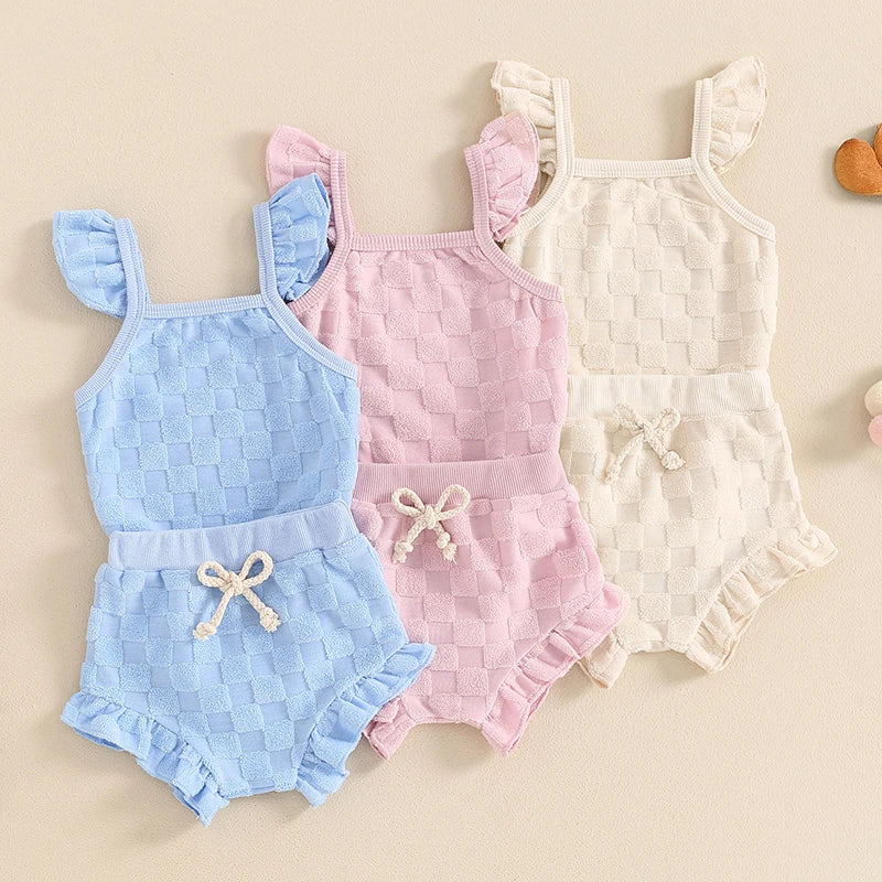 0-18Months Baby Girl 2 Piece Summer Set, Fly Sleeve Square Neck Romper Elastic Waist Shorts Toddler Girls Outfits