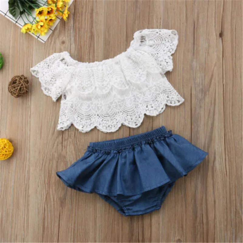 0-36months Baby Girls Outfit Ruffled Off-Shoulder Hollow Out Lace Tops + Denim Tutu Skirt Shorts Girls Summer Clothes Sets
