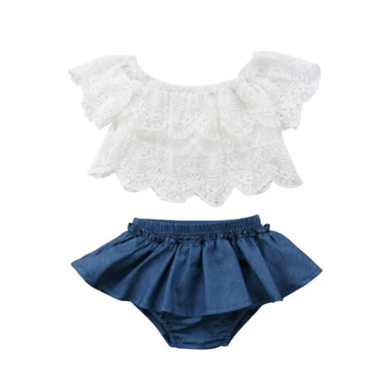 0-36months Baby Girls Outfit Ruffled Off-Shoulder Hollow Out Lace Tops + Denim Tutu Skirt Shorts Girls Summer Clothes Sets