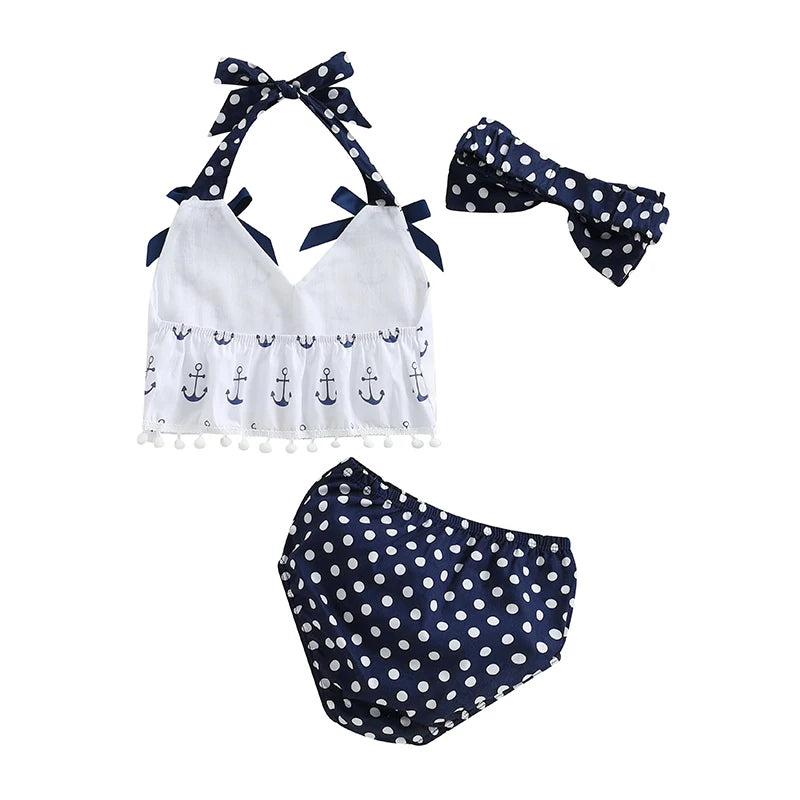 0-24m Baby Girls 3pcs Set Sleeveless Sling Polka Print Girls Tops Blue Polka Dot Shorts Outfits Headband Baby Girls Clothes Set
